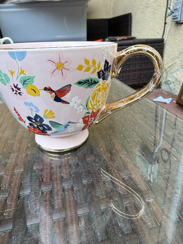 Pink Hummingbird And Floral Coffee Tea Mug With Cracked Gold Handle And Rim