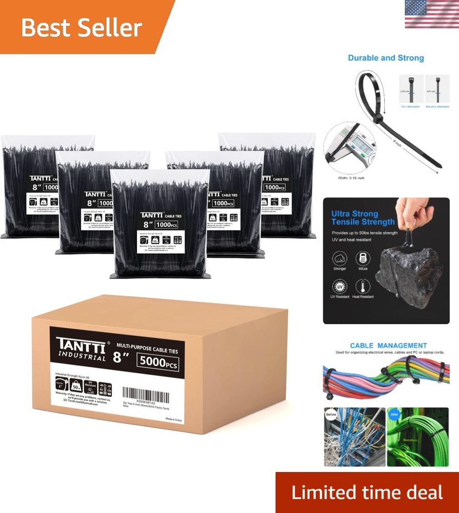 8-Inch Black Zip Ties 5000-Pack Heavy Duty 50lb Tensile Wire Ties