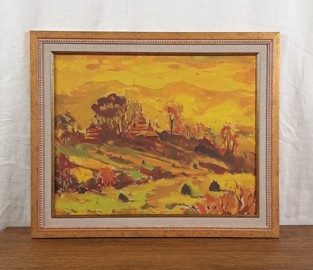 Yellow Autumn Church Landscape Original Oil by Ukrainian Artist Koniv
