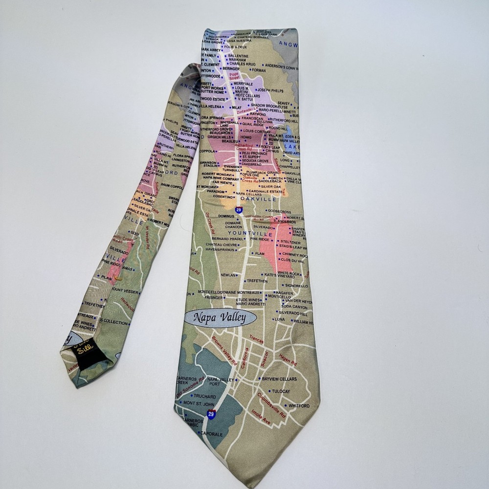 Josh Bach Napa Valley Wine Map Silk Necktie Olive Green Grapes Vineyard Luxury