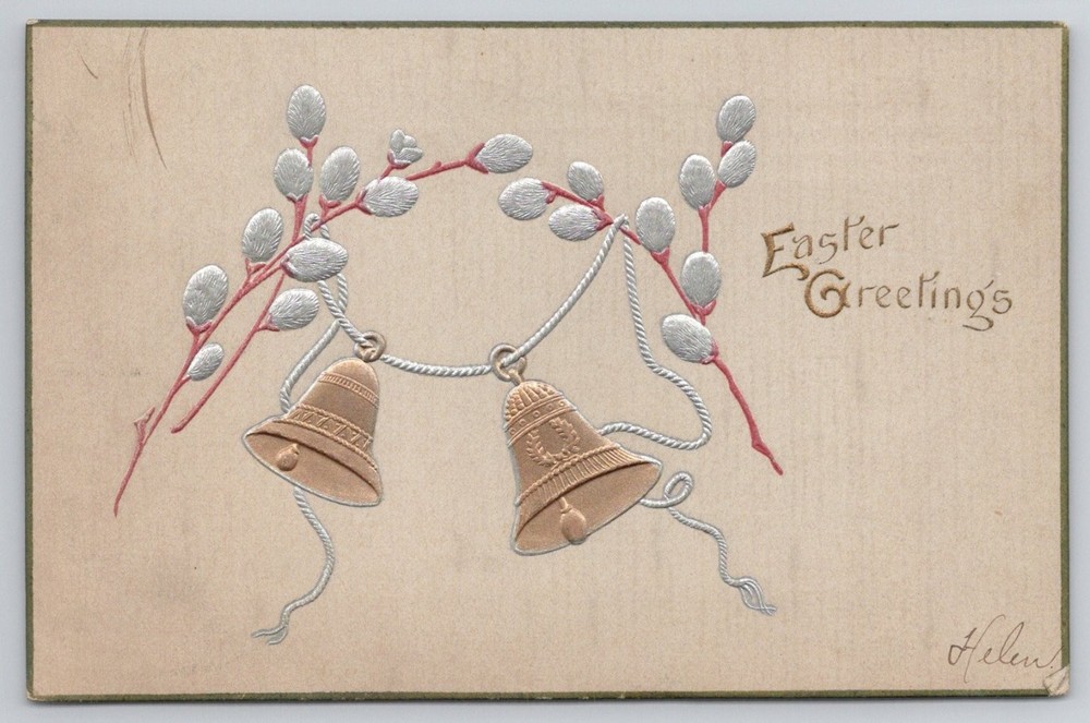 Vintage Easter Greetings Postcard Embossed Pussy Willow Bells R.R.B. Unposted