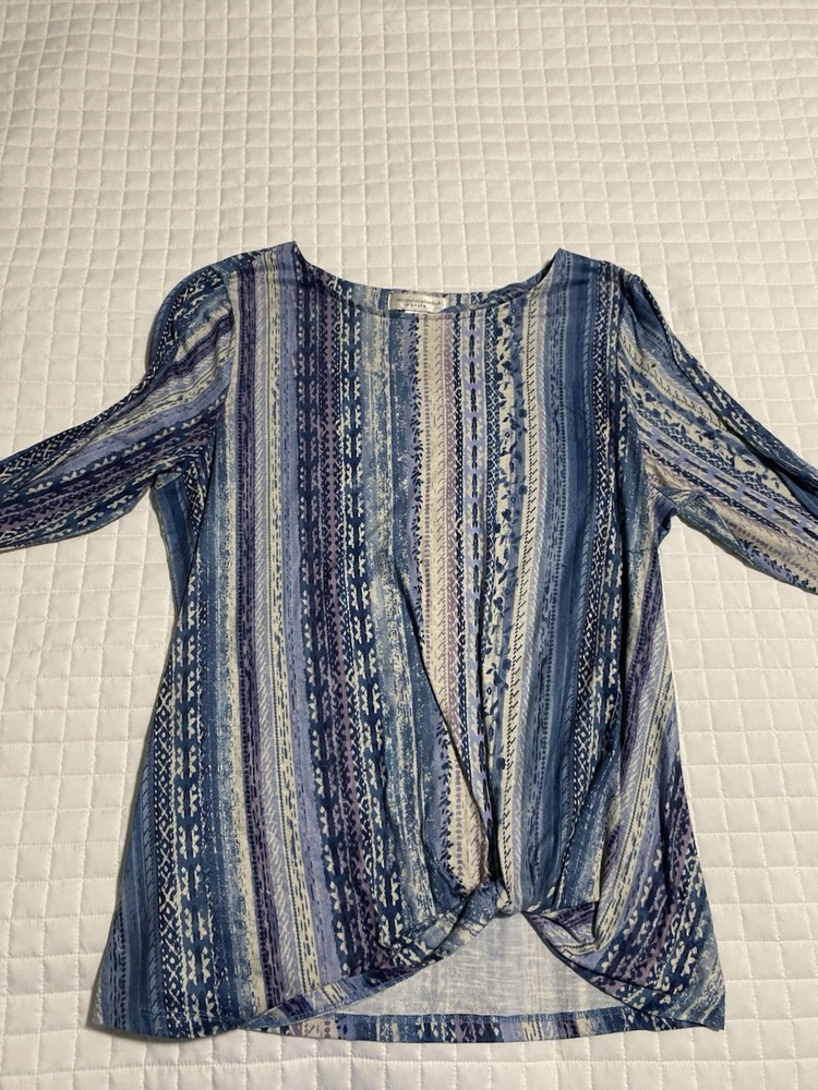 Christopher & Banks Petite Large P/L Blue Striped Knot Front Top 3/4 Sleeve Knit