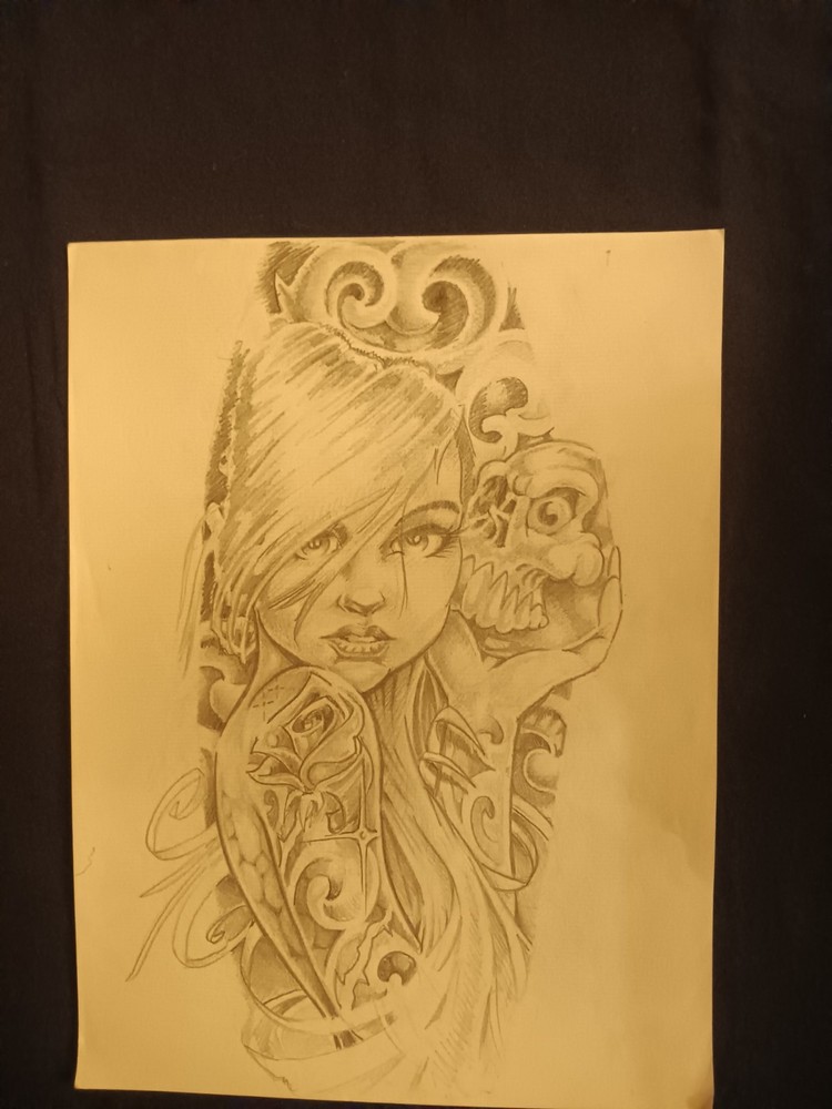 Original Prison Pencil Drawing on Paper Skull & Floral Tattoo Art, Unframed