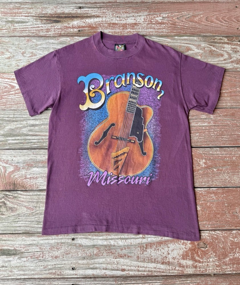 Vintage Single Stitch 3D Emblem Branson Missouri T-Shirt Mens M Burgundy Guitar