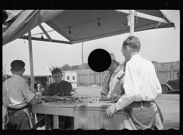 Photo:Morrisville Vermont 1940s Fair Farm Security Men Playing Game Tent