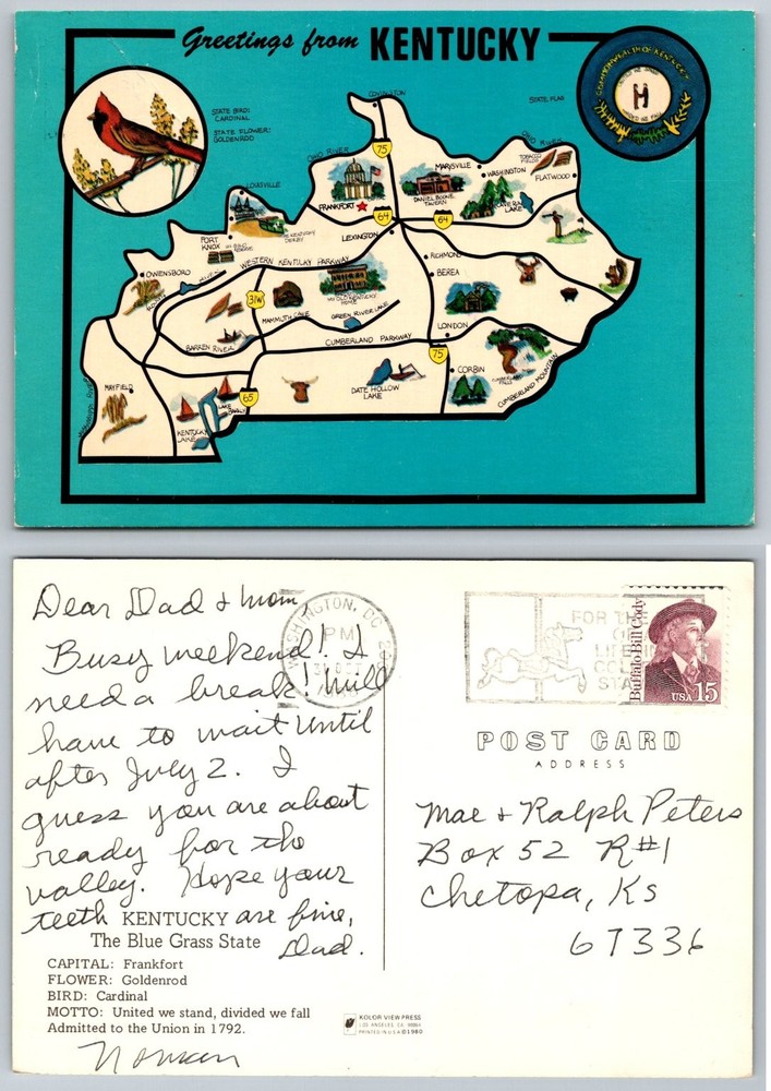 1980 Greetings From Kentucky State Map Postcard Postmarked Washington DC