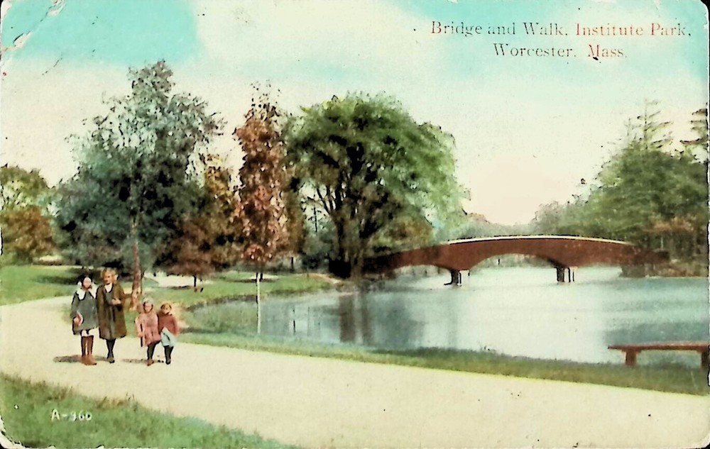 Bridge and Walk, Institute Park, Worcester, MA - Early 1900s Vintage Postcard