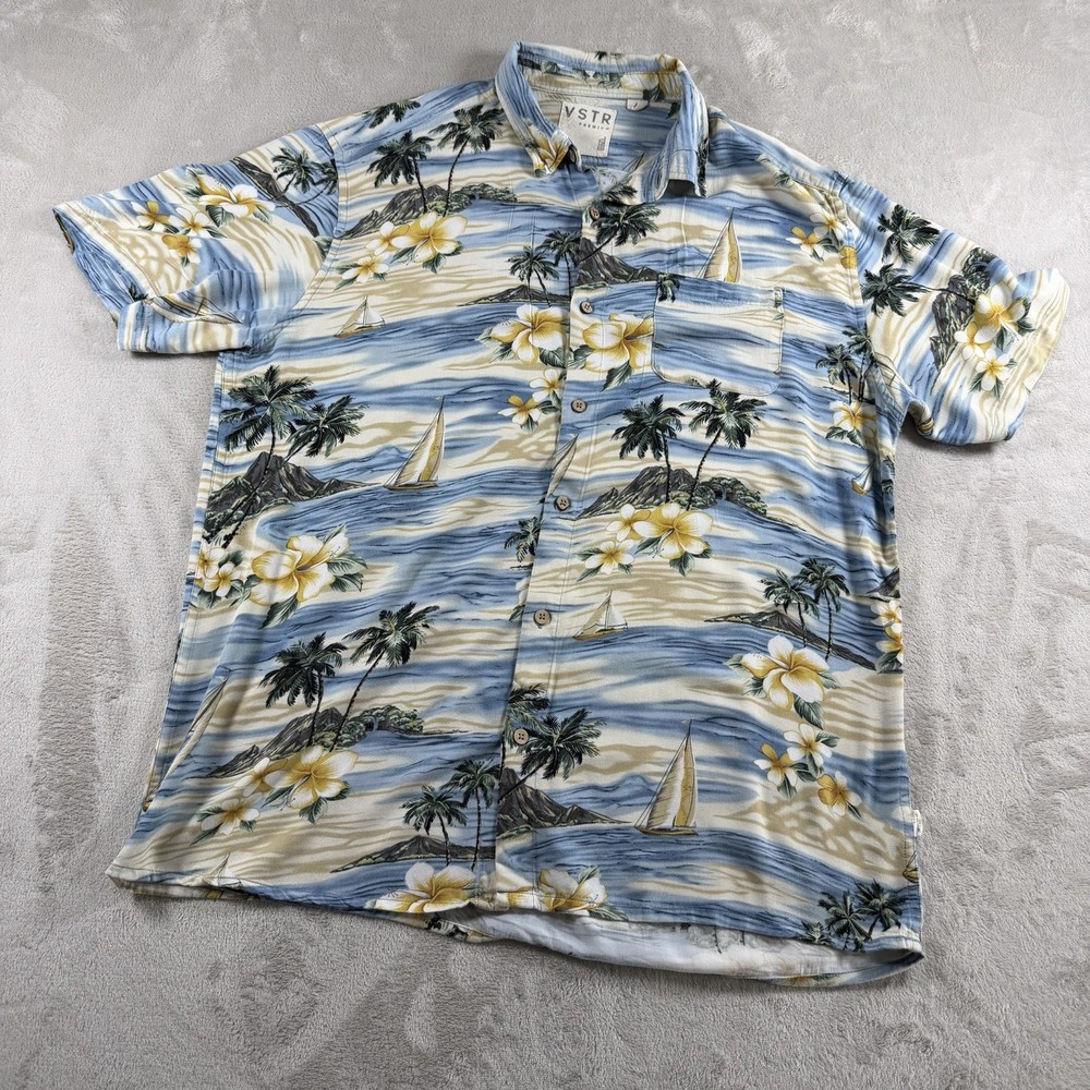 VSTR Premium Vintage Hawaiian Shirt Mens XL Blue Tropical Floral Button Up Beach