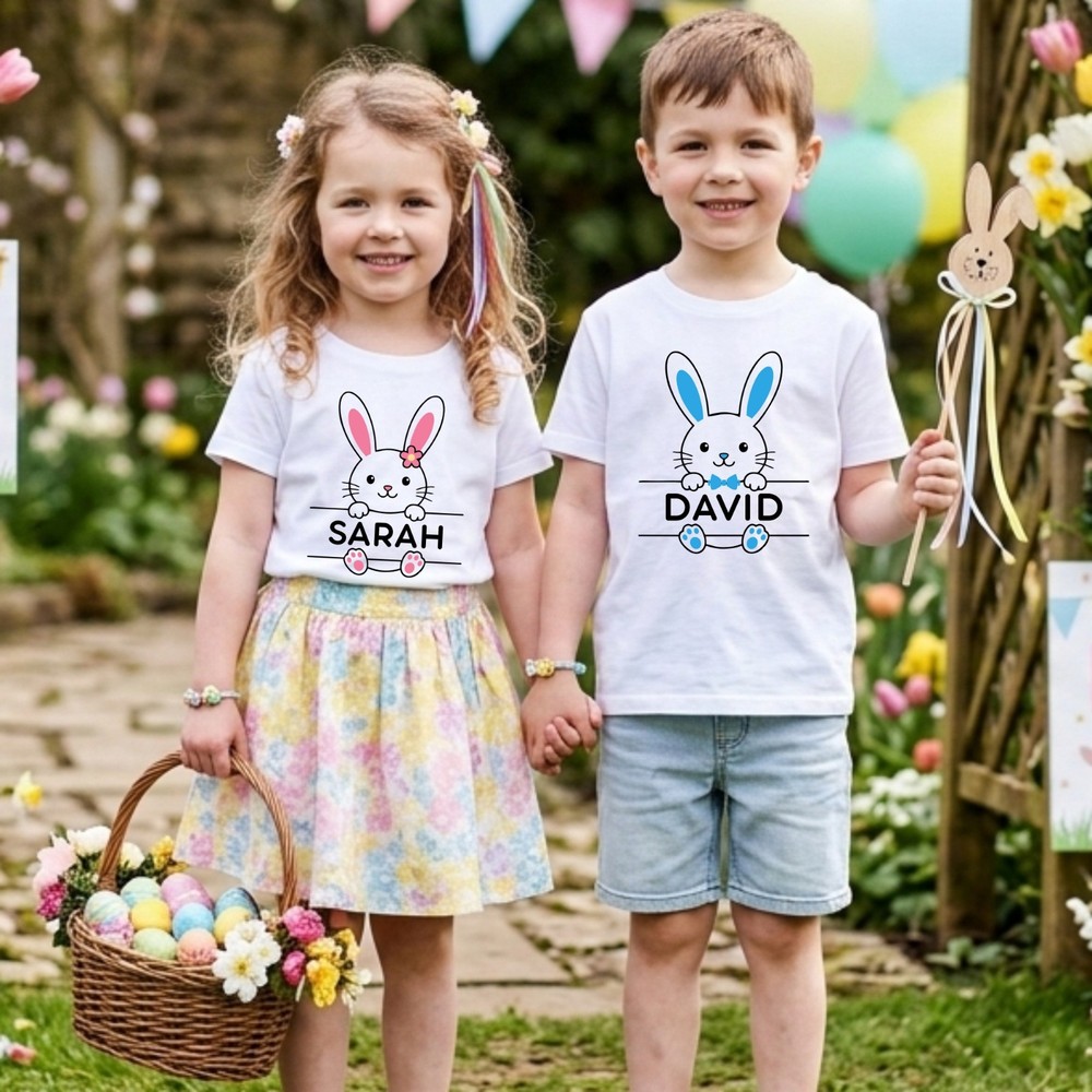Personalised Happy Easter Bunny Ears T-Shirt Custom Name Printed Boys Girls Top