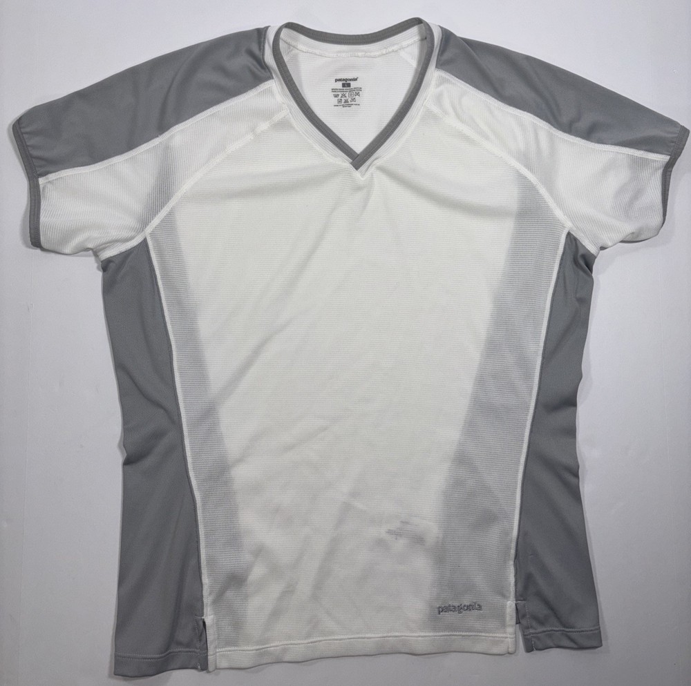 Patagonia Capilene Shirt Women’s Large Short Sleeve V-Neck Top White Gray Tee