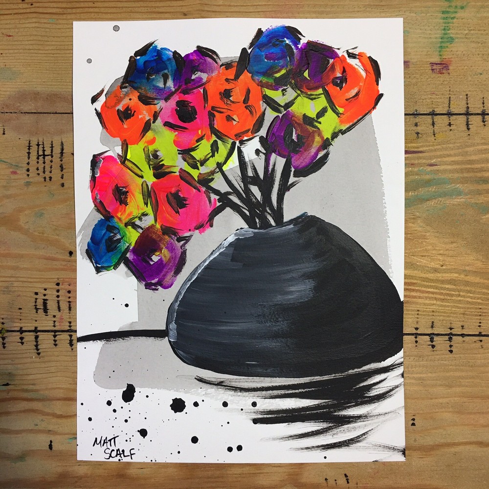 Matt Scalf 9x12 Flowers Floral Vase Abstract Neon Contemporary Signed Fine Art