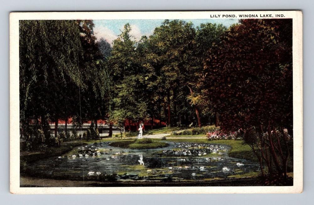 Winona Lake IN-Indiana, Lily Pond, Statue, Water Lilies, Vintage Postcard
