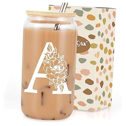 Personalized 16oz Glass Tumbler with Lid - Monogrammed Gift for Her