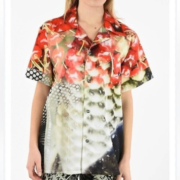 Maison Margiela Womens Cherry Fruit Button Down Short Sleeve Shirt Cotton Sz 36_