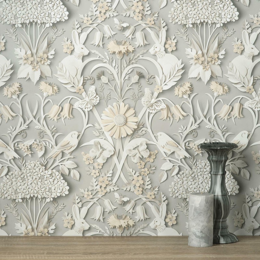 Dimensions Woodland Grey 3D Animal Floral Wallpaper FD42952 for Fine Decor
