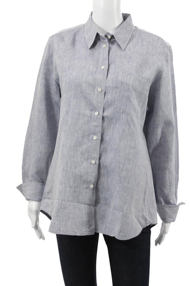 Claridge + King Women Button-Up Blouse Blue Linen Long-Sleeve Size LFree Shipping in US $100+ Orders | $6.95 Orders Below