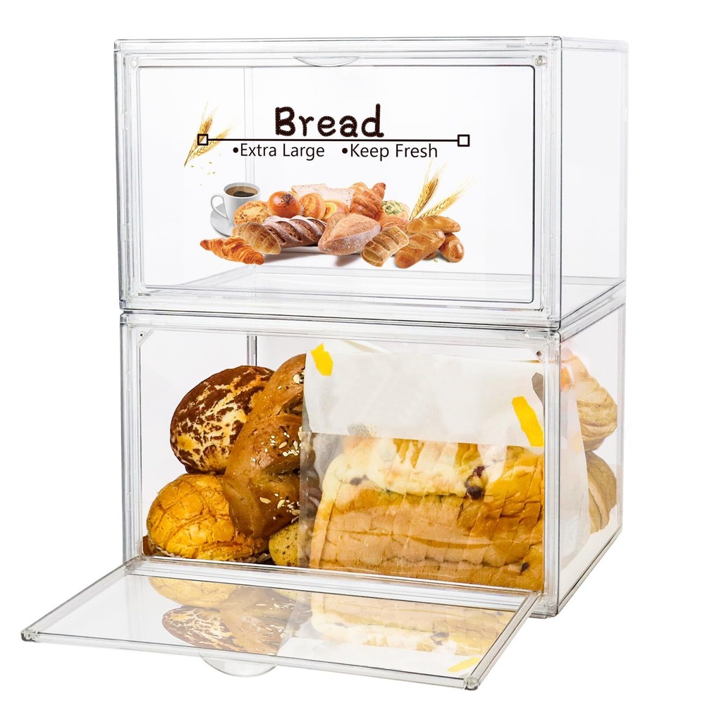 2pcs Large Bread Box For Countertop Stackable Double Layer Storage Container Cle