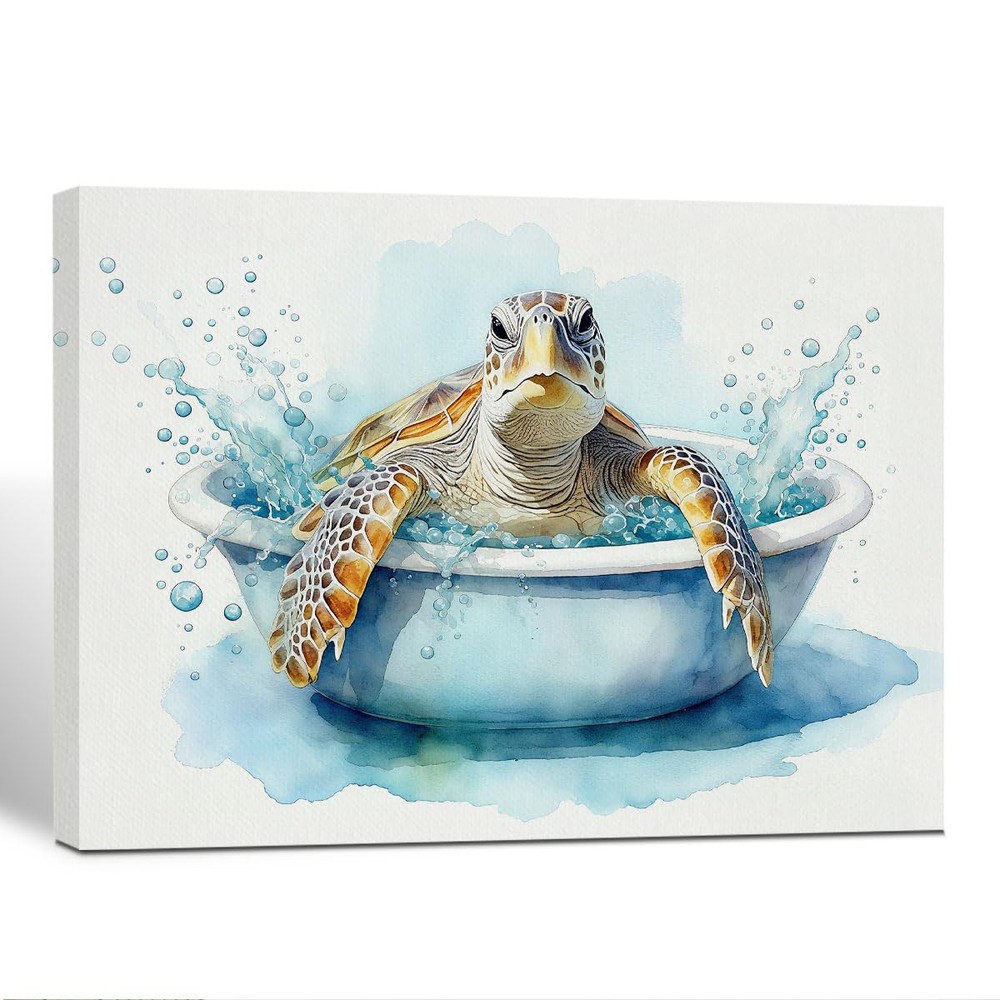 Sea Turtle Bathroom Wall Art Decor,Funny Sea Turtle in Bathtub Canvas Paintin...