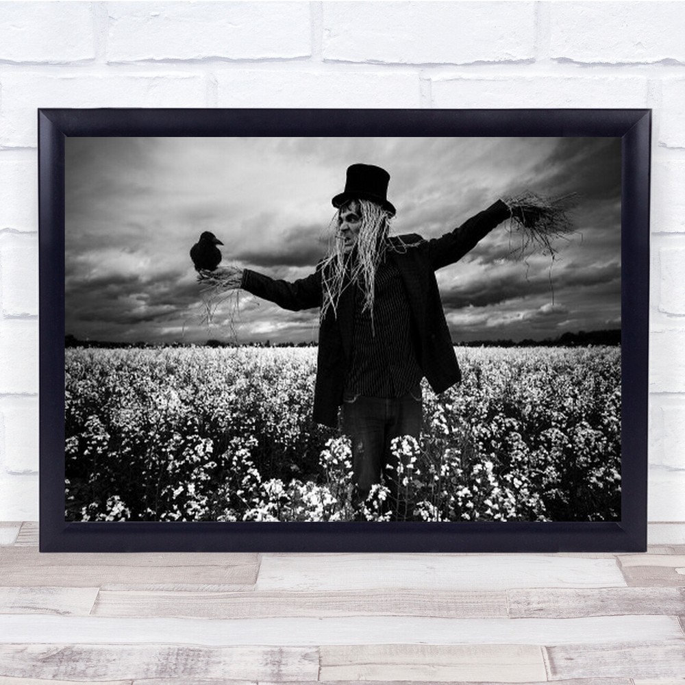 Scarecrow in Field with Angry Crow Black and White Wall Art Print  