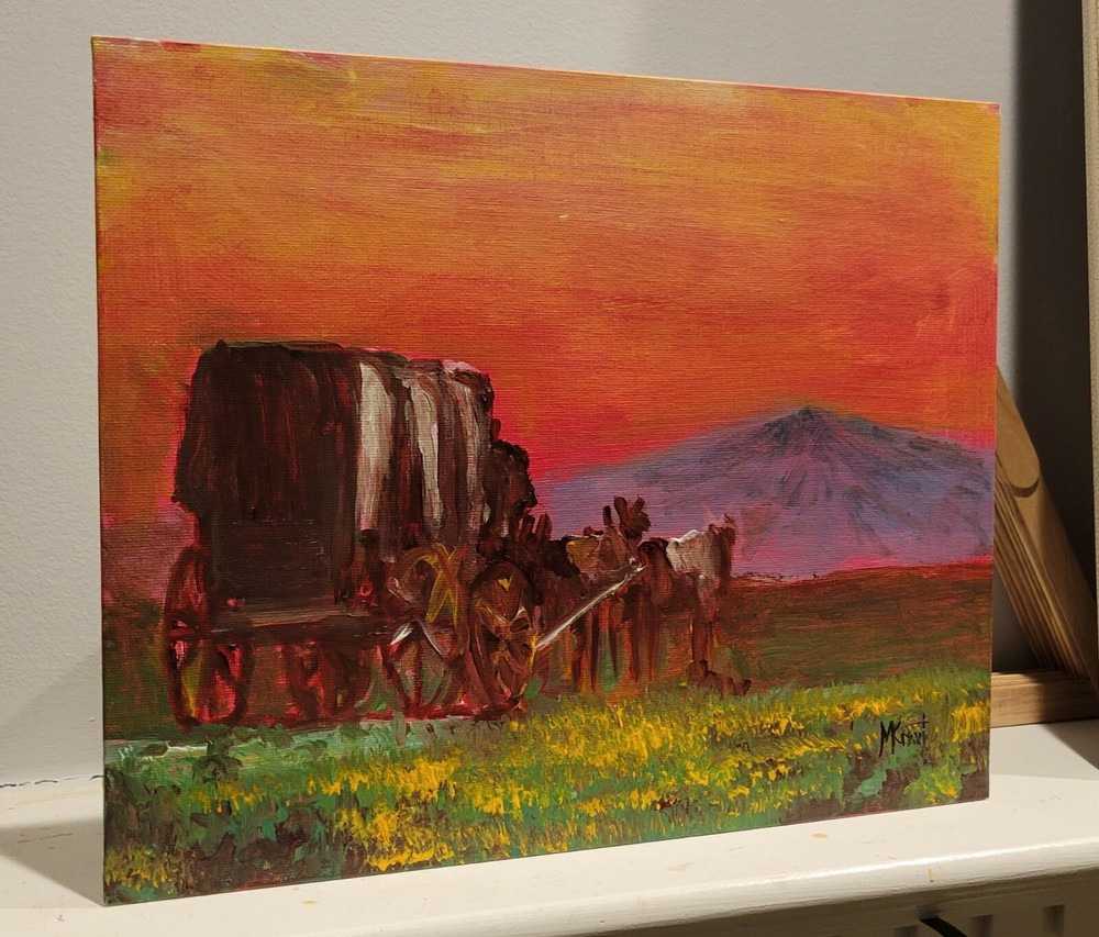 Art Original WESTERN Sunset Oil Painting Horses Carriage Wagon Desert CoA MKravt
