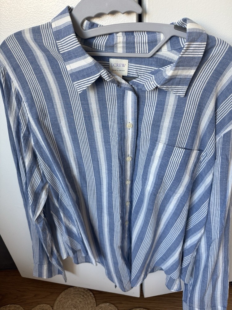J.CREW Women's Linen Blue White Striped Collared Button-Up Shirt XL Long Sleeve