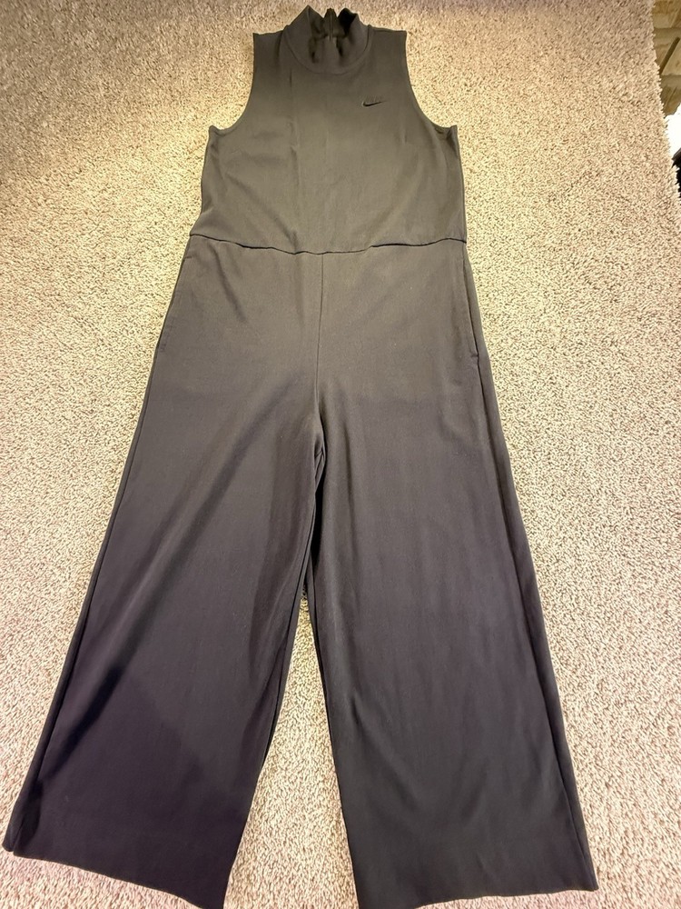 NIKE Sportwear Jumpsuit Womens Medium Black Jersey Crop Wide Legs Mock Neck Zip