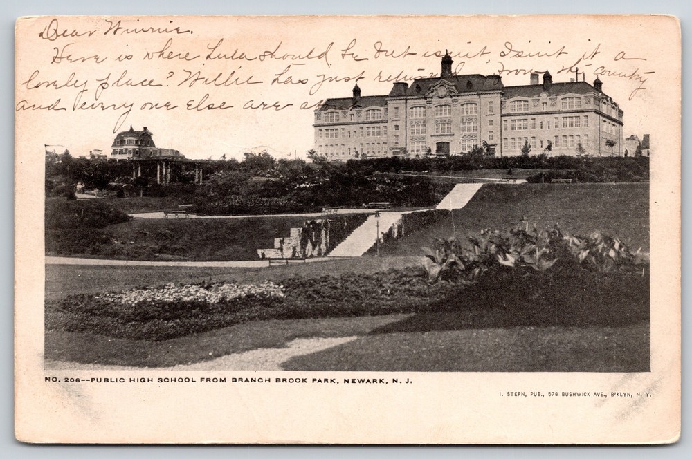 Newark New Jersey~B&W Public High School From Branch Brook Park~UDB Vtg Postcard