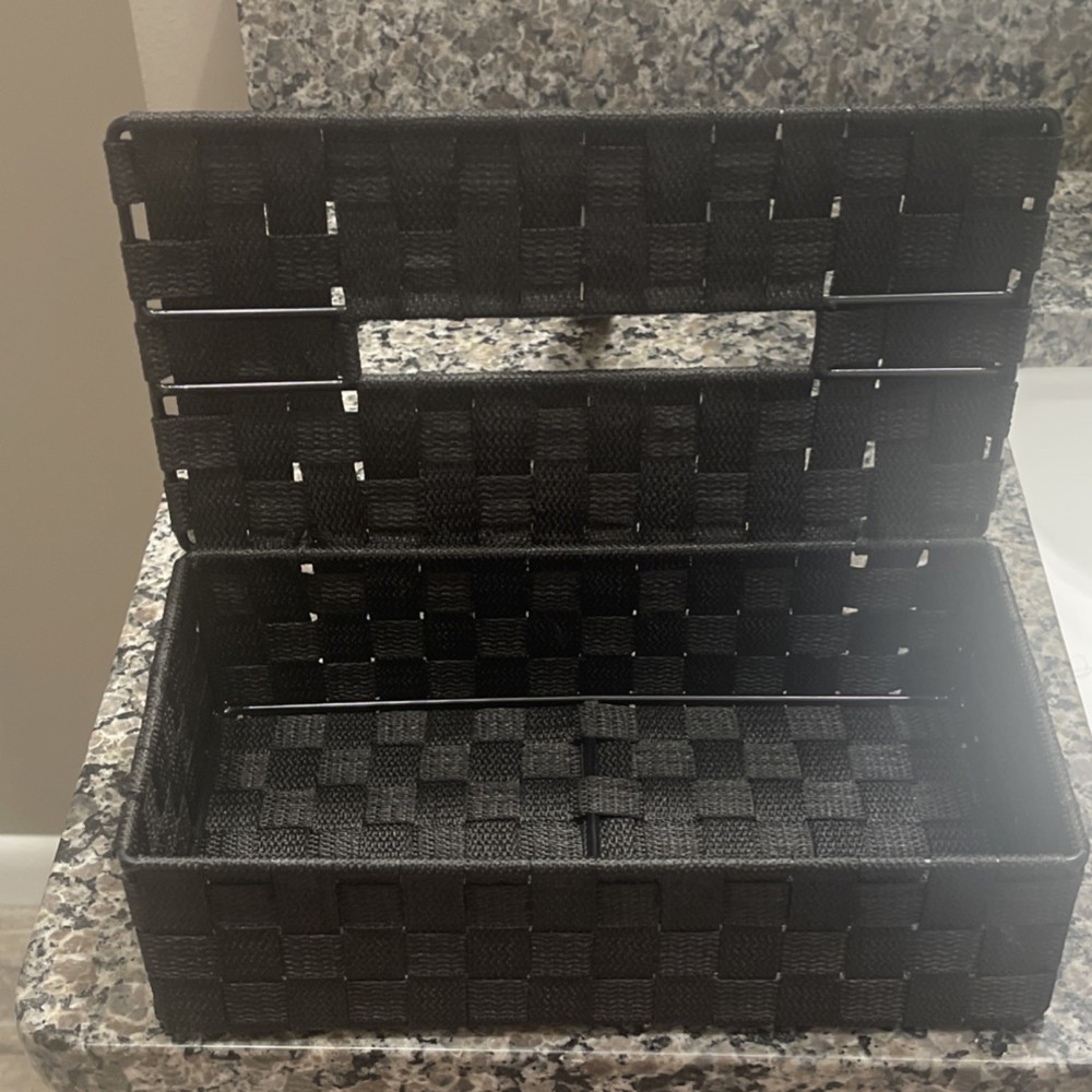 Black Plastic Woven Rectangular Tissue Box Cover Modern Basketweave Design