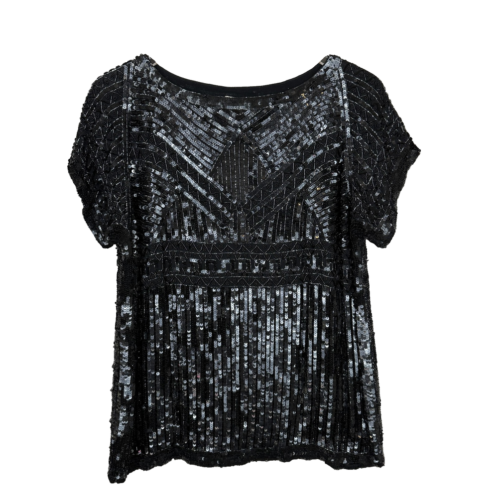 Vintage 1920s Black Silk Sequin Art Deco Kalaukari Shirt Women's Size L Gatsby Party Top