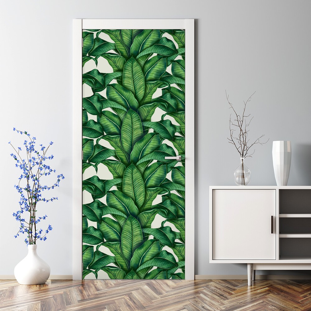Vibrant Botanical Renters Tropical Green Leaves Self Adhesive Door Decal