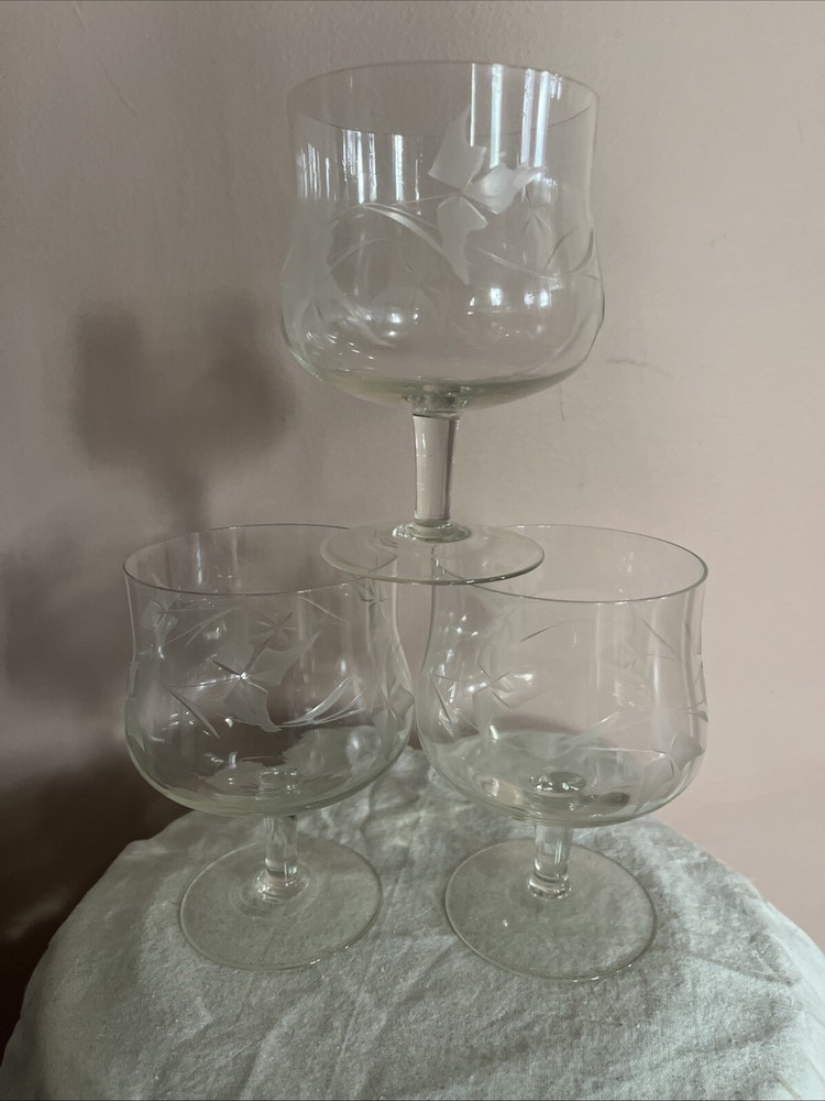 3 Vintage Etched Crystal Brandy Snifter Glasses Bar Ware Floral  5” Tall