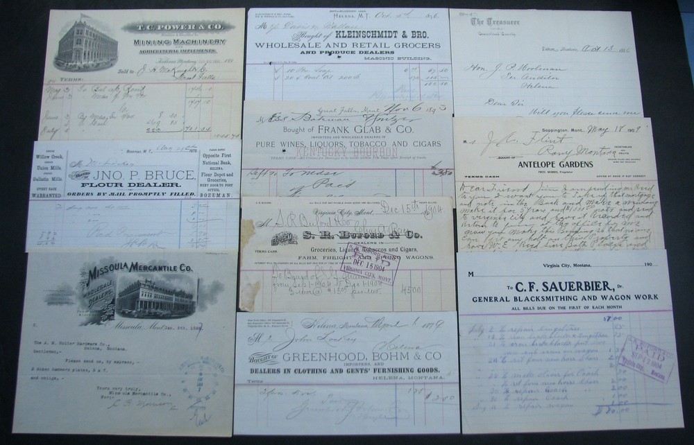 #18 - 10 NICE 1876-1909 MONTANA & TERRITORY papers VIRGINIA CITY Sappington ETC
