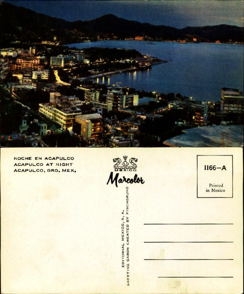 Acapulco Mexico and night aerial view vintage postcard