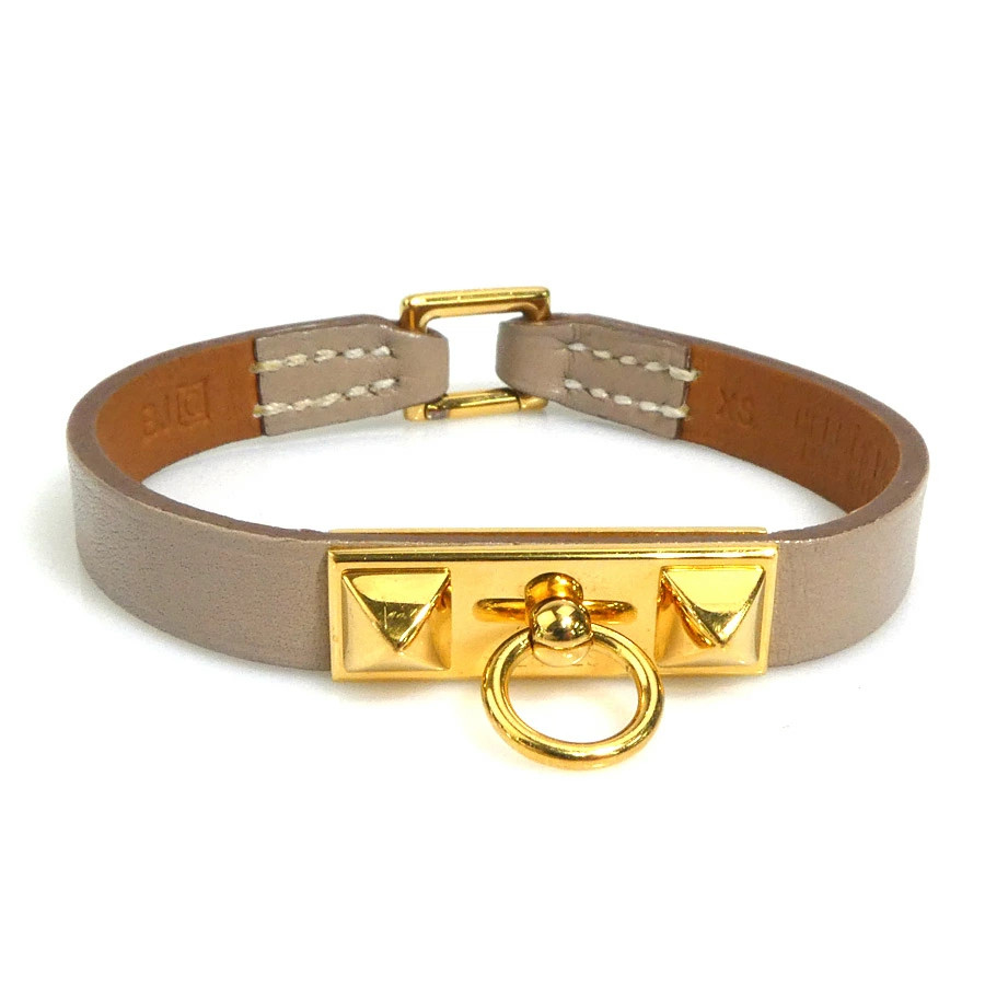 Y1207 HERMES Bracelet Rival Mini Leather/Metal Greige/Gold Ladies e60648g
