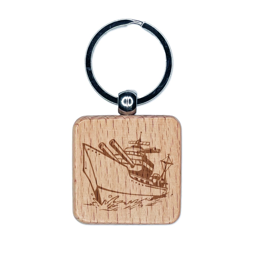 Cartoon Navy Battleship Engraved Wood Square Keychain Tag Charm