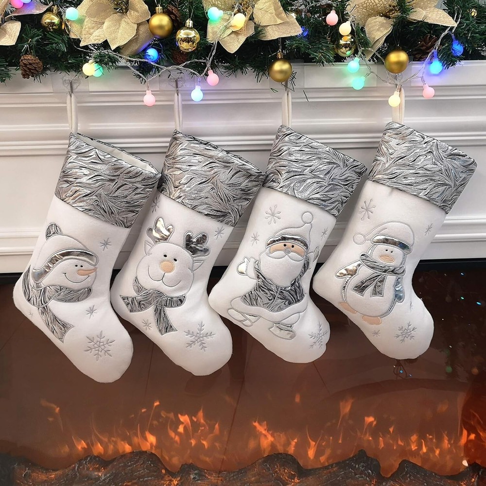 4PCS Christmas Stockings Soft Non-Woven Santa Claus Animals Socks Silver