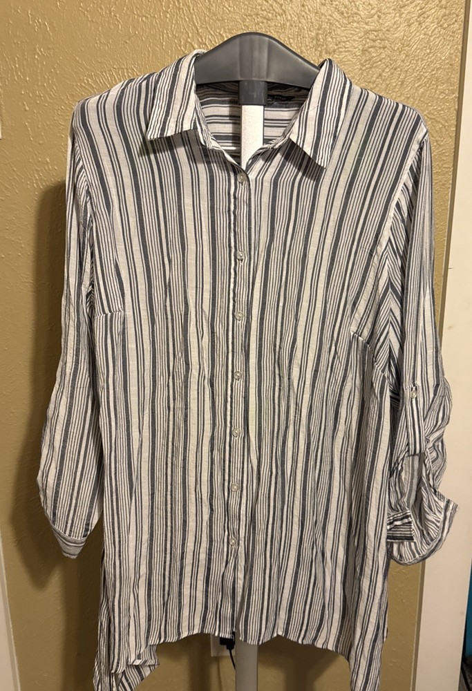 Zac & Rachel Women's 1x Blue White Striped Button Down Shirt Rolled Tab Sleeve