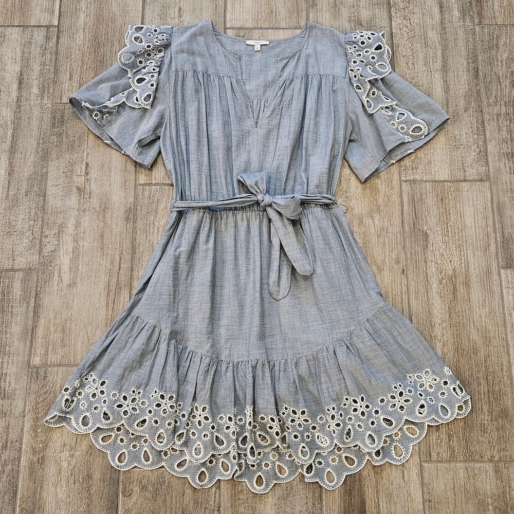 Joie Safia Cotton Eyelet-Trim Mini Dress Womens Size L Short Sleeve Lined