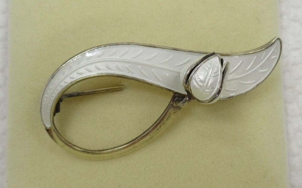 Aksel Holmsen Norway Sterling Silver White Guilloche Enamel Floral Modernist Pin