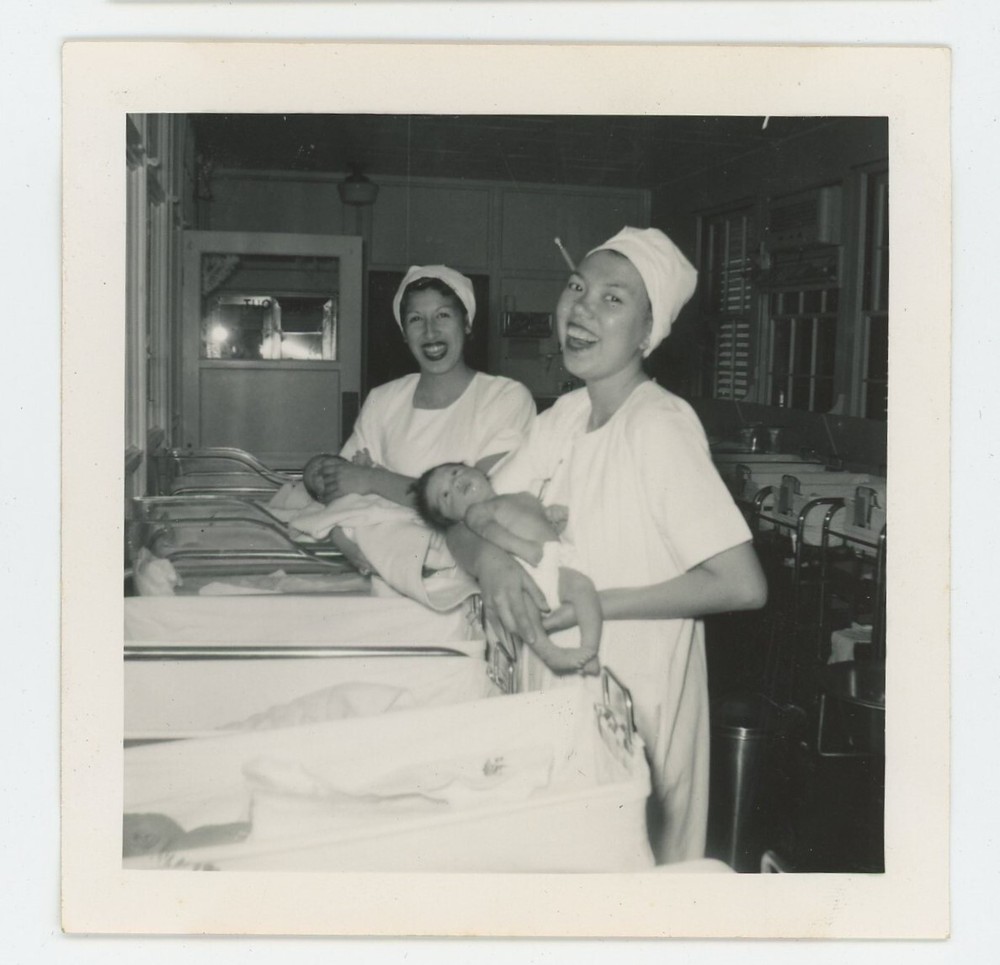 Vintage Photo Beautiful Asian American Nurses Holding Newborn Babies 1950s