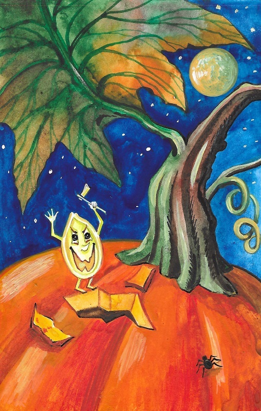 5.25 X 8.25 PRINT OF PAINTING HALLOWEEN RYTA PUMPKIN SEED  folk art horror humor