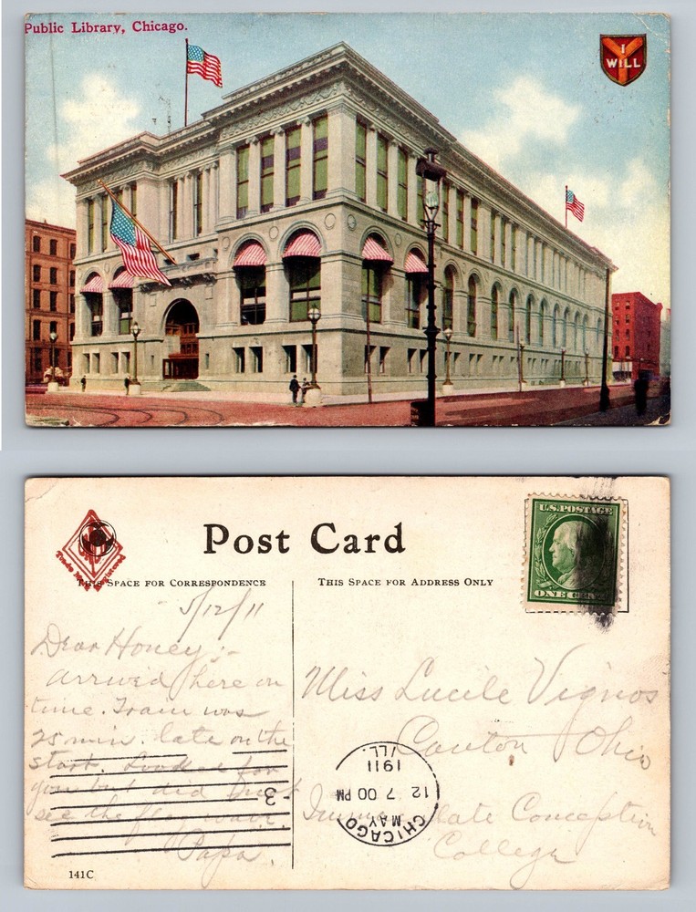 Chicago, IL-Illinois, Public Library Street View, c1911 Vintage Postcard