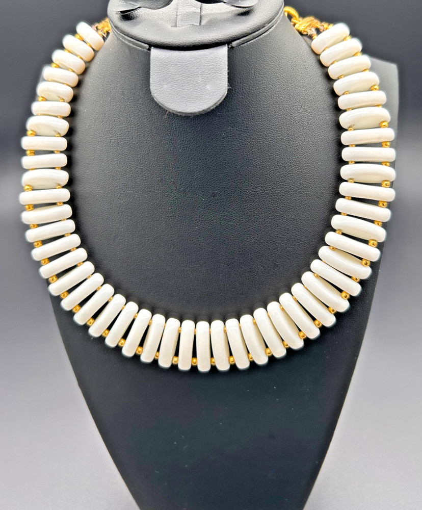 Vintage MONET 1980s Modernist White Lucite Collar Necklace Gold Spacers Runway