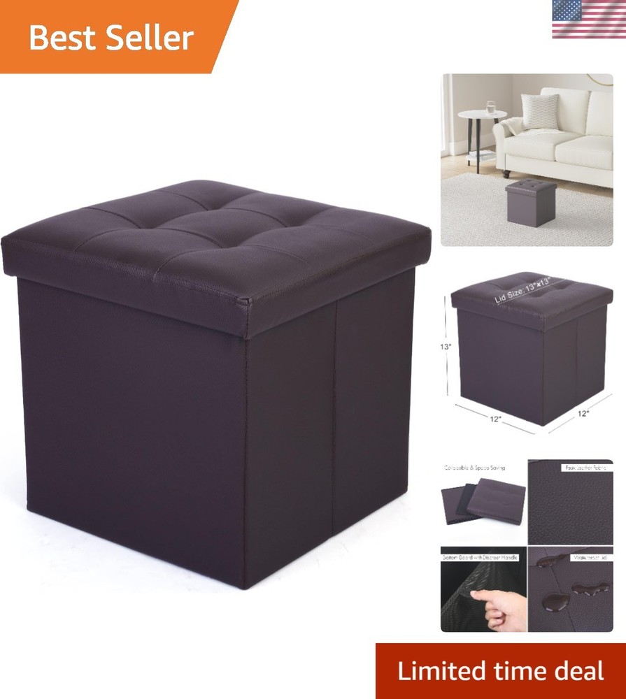 Elegant Brown Faux Leather Storage Ottoman Cube - 13x12x12 Inch Compact Design