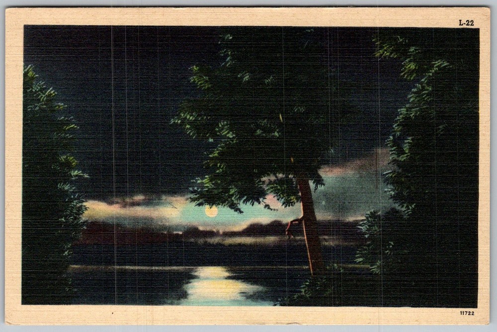 Vtg Linen Postcard Moonlight Lake Reflection 1930s