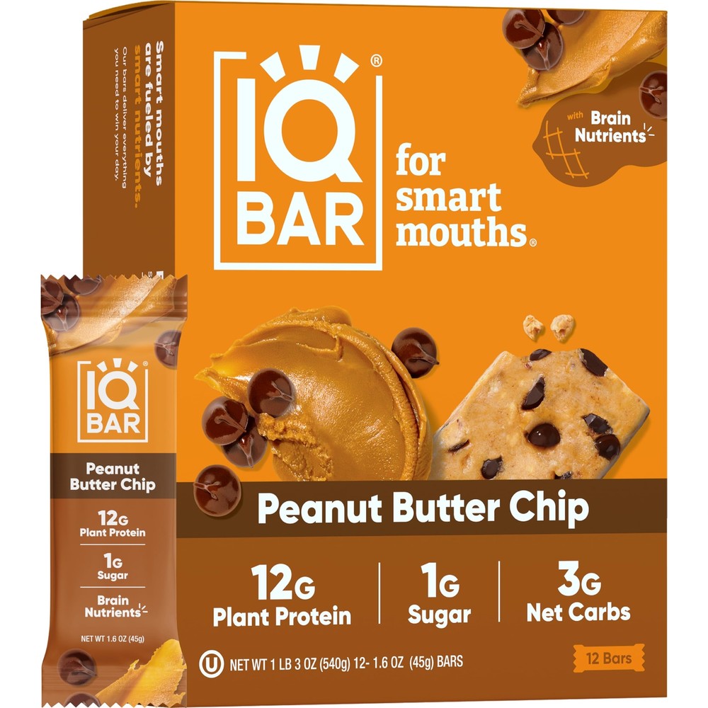 Brain and Body Plant Protein Bars - Peanut Butter Chip - 12 Count Low Carb Hi...