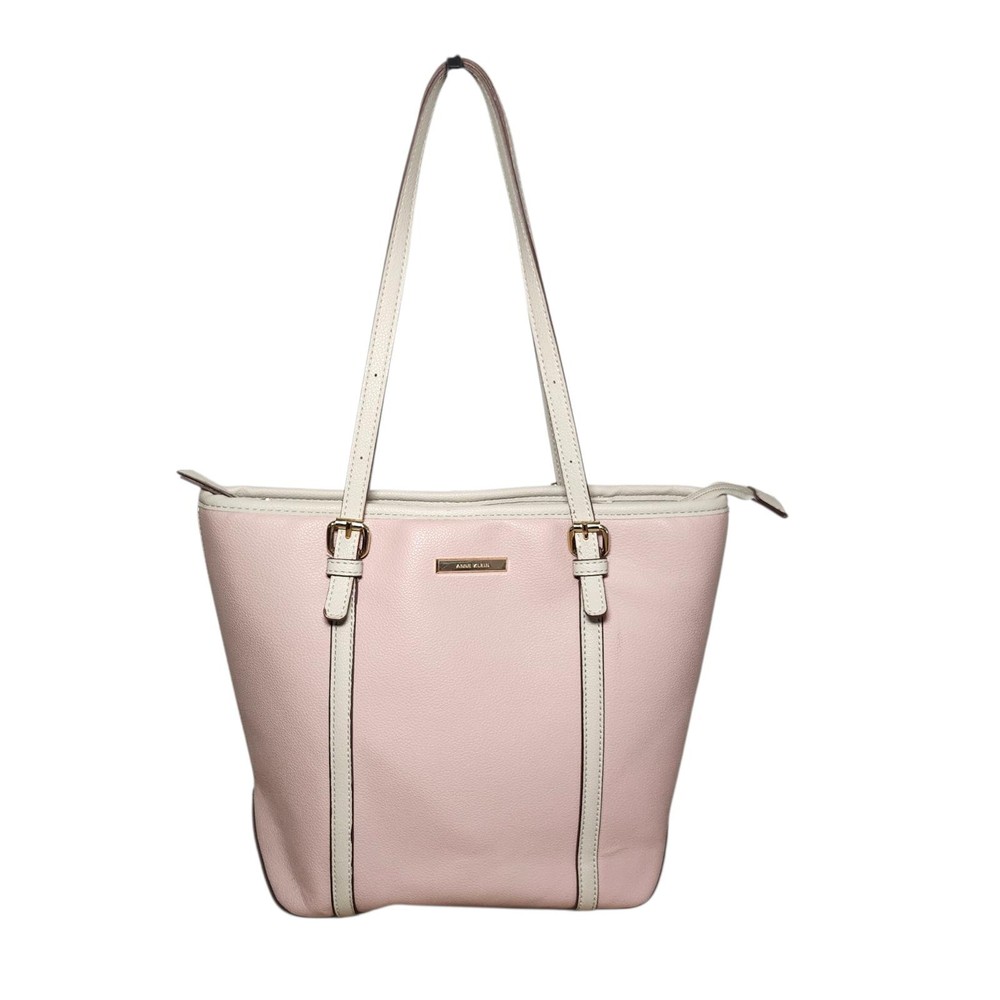 Anne Klein Womens Pink Cream Leather Tote Bag with Gold Accents
