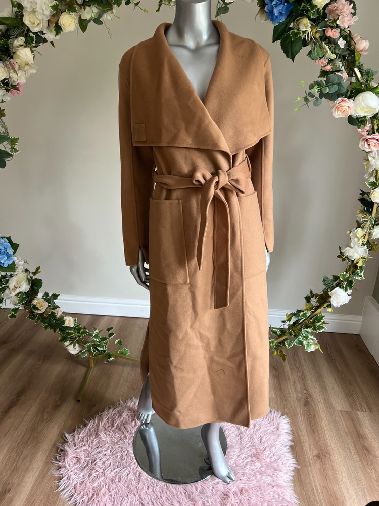 TED BAKER Wrap Coat Womens TB 2 UK 10 Camel Mid Length Long Belted Wool Blend