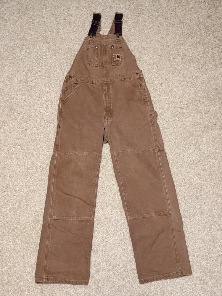 Carhartt Brown Uninsulated Bib Overalls Double Knee Dungarees Size 34x32 R06 BRN