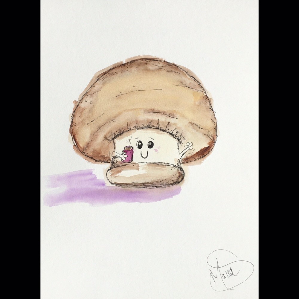 Maria Scalf Watercolor Mushroom Coffee Kitchen Art Original 9x12 Painting